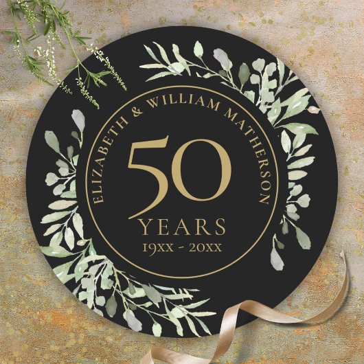 Sticker Rond Or noir aquarelle verdure 50e anniversaire