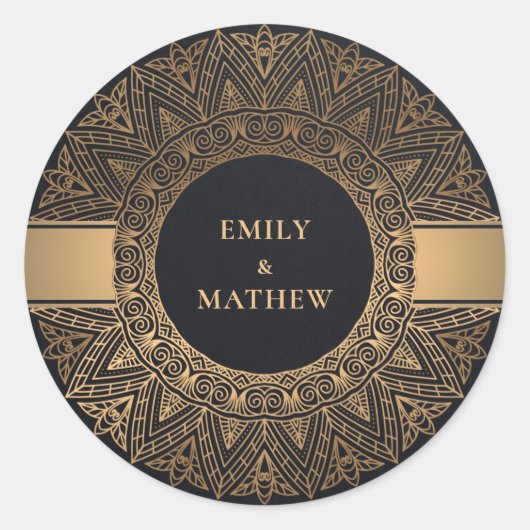 STICKER ROND OR NOIR CLASSIQUE ORNATE MANDALA MARIAGE (Devant)