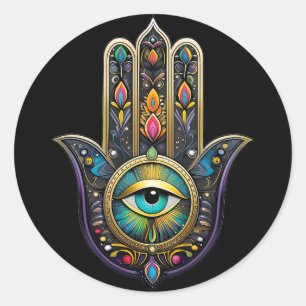 Sticker Rond Or noir coloré Hamsa avec troisième œil turquoise