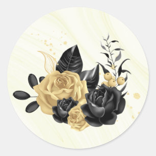 Sticker Rond or & noir floral merci mariage