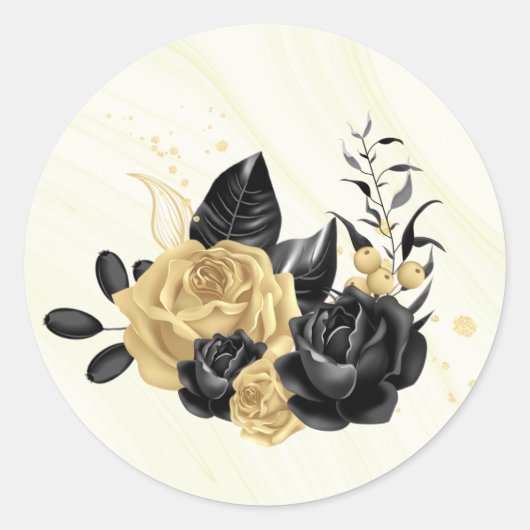 Sticker Rond or & noir floral merci mariage (Devant)
