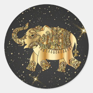 Sticker Rond Or, Ornemental, Eléphant, Abstrait, Nuit étoilée