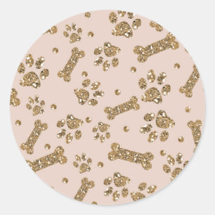 Sticker Rond Or Pailleté Beige Rose Patte D'Os Chien Chiot