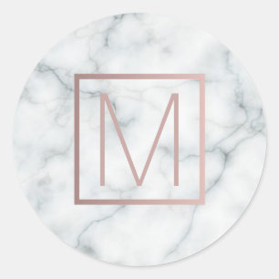 Sticker Rond or rose monogramme et marbre blanc