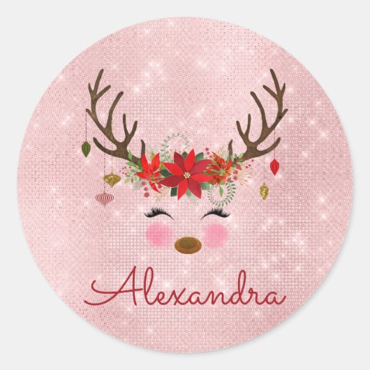 Sticker Rond Or rose - Vierge rose de Noël Reindeer Monogram (Devant)