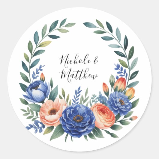 Sticker Rond Orange and Cobalt Blue Floral Wedding (Devant)
