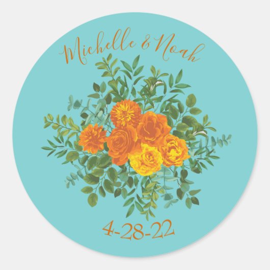 Sticker Rond Orange & Aqua Mariage Floral moderne (Devant)