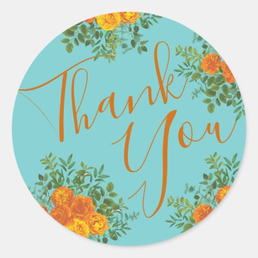 Sticker Rond Orange & Aqua Mariage Floral moderne (Devant)