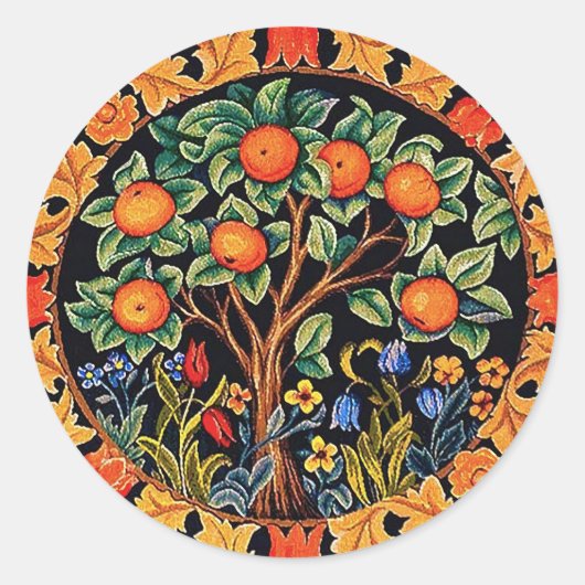 STICKER ROND ORANGE ARBRE AVEC FEUILLES VERTS, FLEURS (Devant)