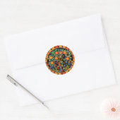 STICKER ROND ORANGE ARBRE AVEC FEUILLES VERTS, FLEURS (Enveloppe)