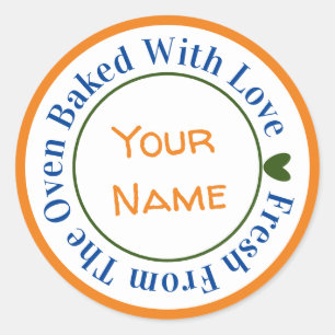 Sticker Rond Orange Bleu Frais Sorti du Four Cuisiné avec Amour