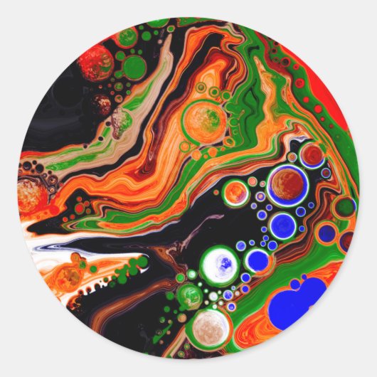 Sticker Rond Orange, Bleu, Vert, Black Digital Fluid Art (Devant)