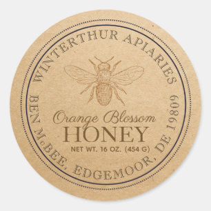 Sticker Rond Orange Blossom Editable Kraft Honey Jar Bee Étique