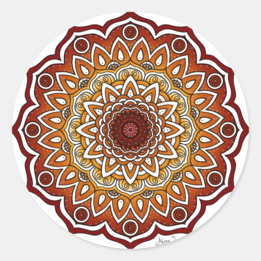 Sticker Rond Orange & Brown Spiral et Floral Mandala (Devant)