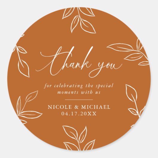 Sticker Rond Orange brûlé Élégant Merci Mariage Feuille (Devant)