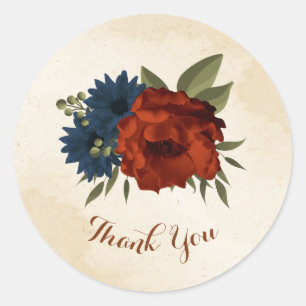 Sticker Rond orange brûlé et bleu marine floral merci