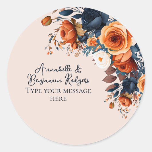 Sticker Rond Orange brûlé rustique et Mariage floral bleu (Devant)
