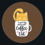 Sticker Rond Orange Cat Coffee Cute<br><div class="desc">Orange Cat Coffee Cute Gift. Perfect gift for your dad,  mom,  papa,  men,  women,  friend and family members on Thanksgiving Day,  Christmas Day,  Mothers Day,  Fathers Day,  4th of July,  1776 Independent day,  Veterans Day,  Halloween Day,  Patrick's Day</div>