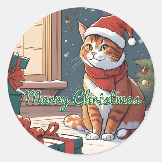 Sticker Rond Orange cat with Christmas hat cute Pet Animal (Devant)