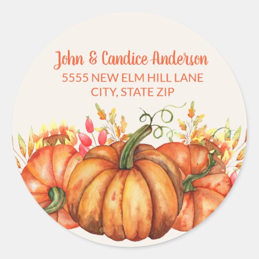 Sticker Rond Orange Citrouille Fall quitte Thanksgiving Adresse (Devant)