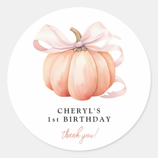 Sticker Rond Orange Citrouille rose Bow 1er anniversaire (Devant)