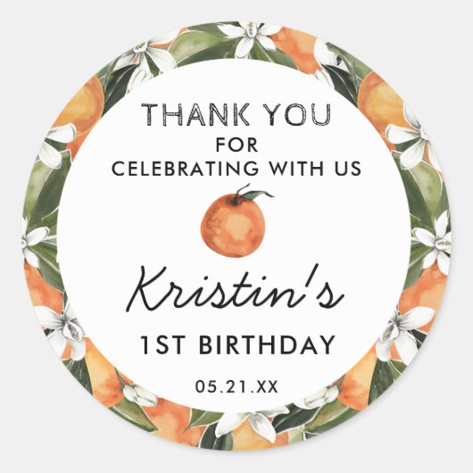 Sticker Rond Orange Cutie 1er Anniversaire Merci Favoriser (Devant)