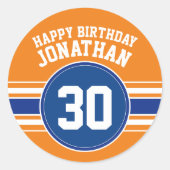 Sticker Rond Orange et Bleu Anniversaire Sports Thème (Devant)