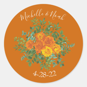 Sticker Rond Orange et rouille Chute Peony & Rose Floral Mariag