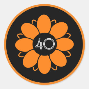 Sticker Rond Orange Flower Design Motif Anniversaire 40 Noir