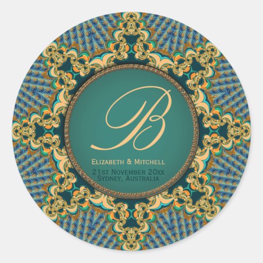 Sticker Rond Orange Gold Turquoise Brocade Lace Circle Monogram (Devant)