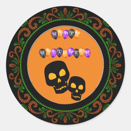 Sticker Rond Orange Green Black Skuls Happy Halloween Ballons (Devant)
