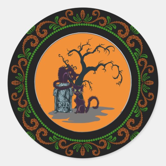 Sticker Rond Orange Green Chats Noirs Tombstone Tree Halloween (Devant)