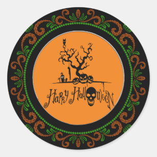 Sticker Rond Orange Green Happy Halloween Grave Yard