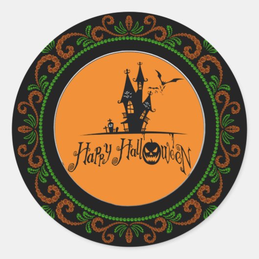 Sticker Rond Orange Green Happy Halloween Haunted House (Devant)