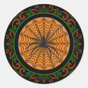 Sticker Rond Orange Green Spider Web et Black Spider Halloween