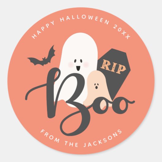 Sticker Rond Orange Grey Cute Ghost Boo Halloween (Devant)