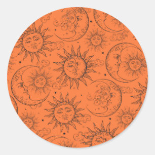 Sticker Rond Orange Magique Vintage Céleste Soleil Lune Étoiles