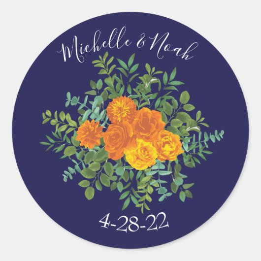 Sticker Rond Orange & Marine Blue Peony & Rose Floral Mariage (Devant)