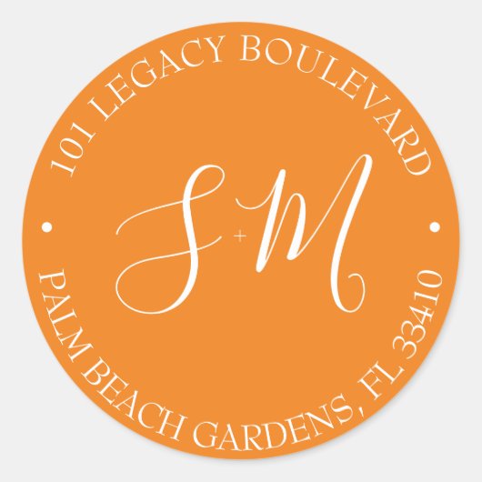 Sticker Rond Orange Monogram Mariage Adresse de retour (Devant)