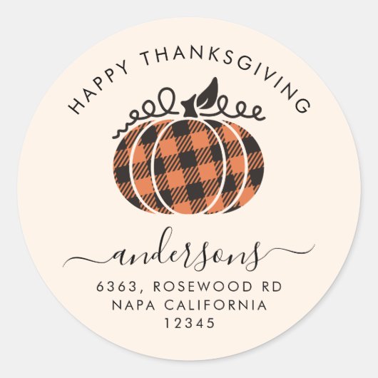 Sticker Rond Orange Plaid Citrouille Thanksgiving Adresse de re (Devant)