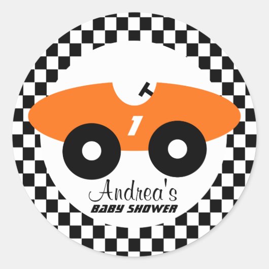 Sticker Rond Orange Race Car Baby shower (Devant)