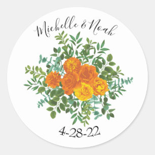 Sticker Rond Orange Rose Mariage Floral Moderne