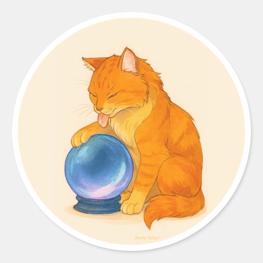 Sticker Rond Orange Tabby cat with blue crystal ball (Devant)