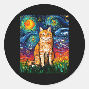 Sticker Rond Orange Tabby Tiger Chat Starry Nuit Colorée Par Aj