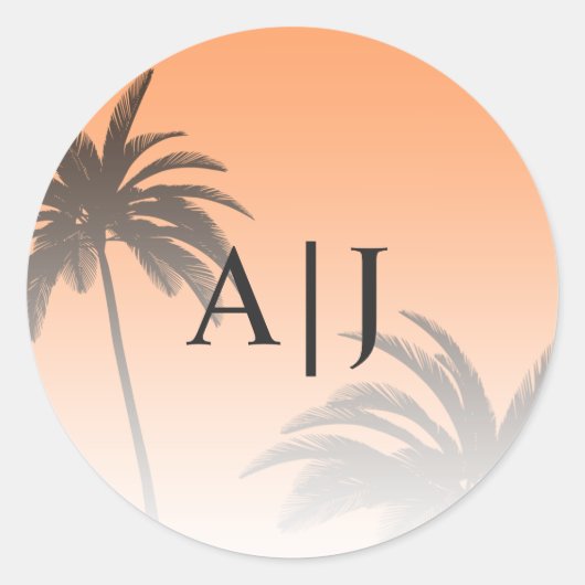 Sticker Rond Orange Tropical Palm Tree Beach Monogram Mariage (Devant)