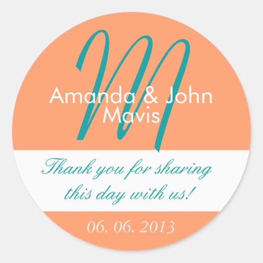 Sticker Rond Orange Turquoise Simple Premier Mariage Favoriser (Devant)