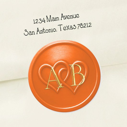 Sticker Rond Orange Two Hearts Intertwined Monogram Wedding