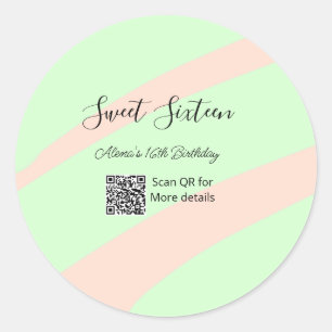 Sticker Rond Orange vert pastel QR Sweet sixteen anniversaire