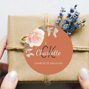 Sticker Rond Oranger brûlé rose or fleuri sauge vert merci