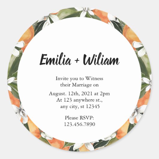 Sticker Rond Oranges romantiques Citrus Mariage (Devant)